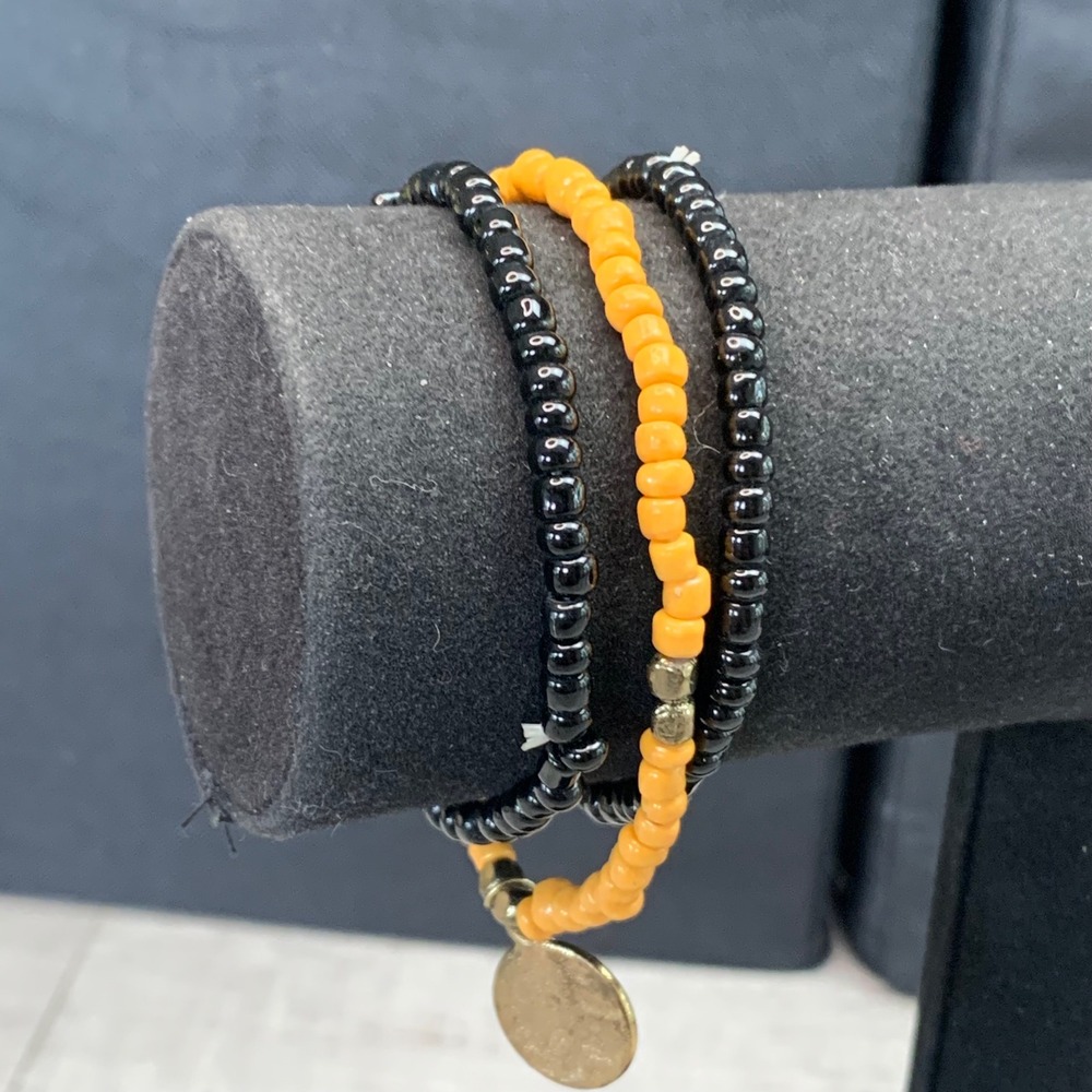 Beaded Stretch Bracelet Set Black Orange Halloween Coin Charm 3 Piece Stack 5514